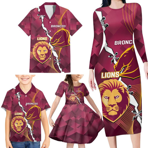 Personalised Lions Football And Broncos Rugby Family Matching Long Sleeve Bodycon Dress and Hawaiian Shirt Sporty Version