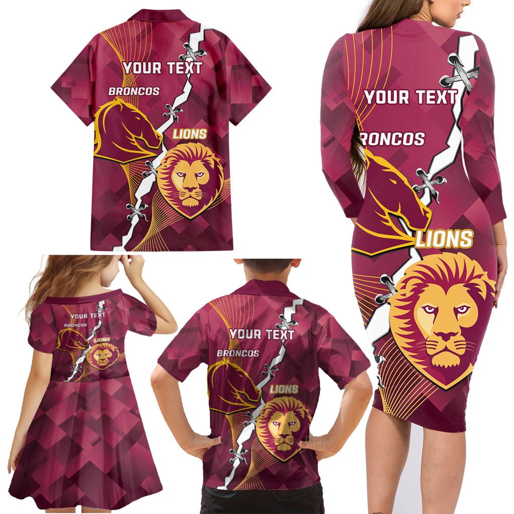 Personalised Lions Football And Broncos Rugby Family Matching Long Sleeve Bodycon Dress and Hawaiian Shirt Sporty Version