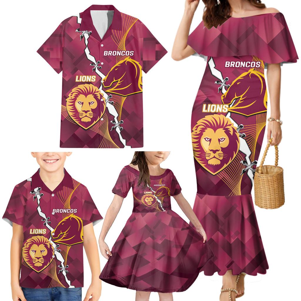 Personalised Lions Football And Broncos Rugby Family Matching Mermaid Dress and Hawaiian Shirt Sporty Version