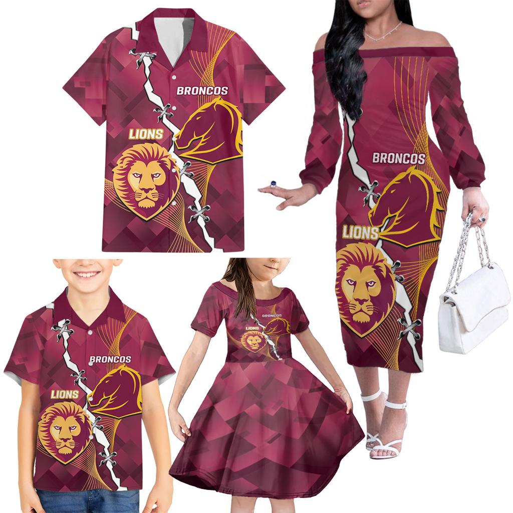 Personalised Lions Football And Broncos Rugby Family Matching Off The Shoulder Long Sleeve Dress and Hawaiian Shirt Sporty Version