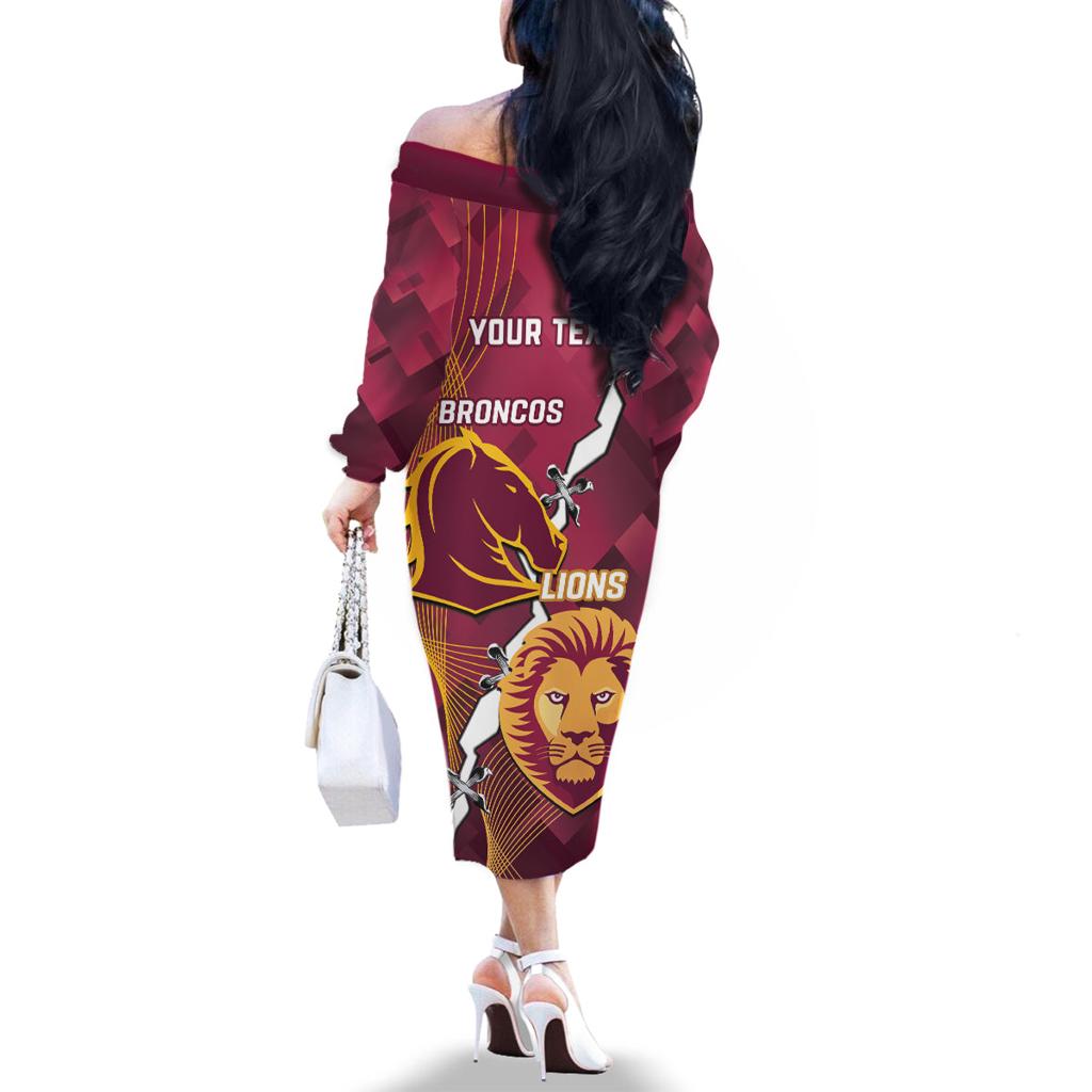 Personalised Lions Football And Broncos Rugby Family Matching Off The Shoulder Long Sleeve Dress and Hawaiian Shirt Sporty Version