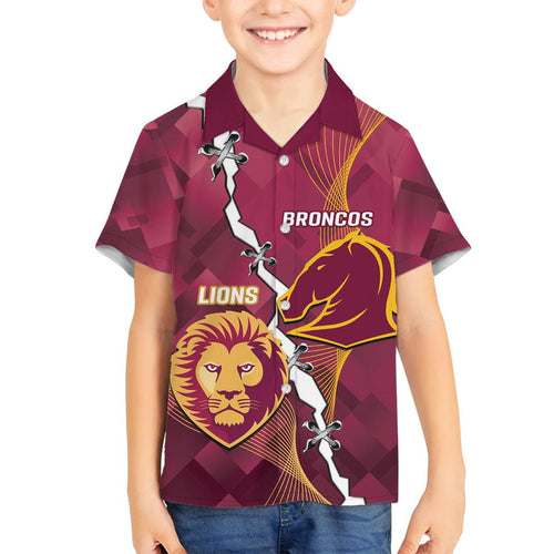 Personalised Lions Football And Broncos Rugby Family Matching Off The Shoulder Long Sleeve Dress and Hawaiian Shirt Sporty Version