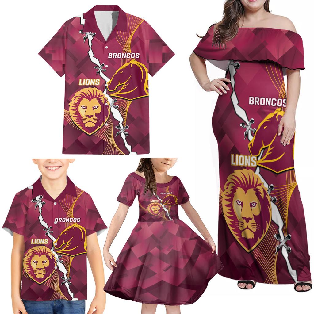 Personalised Lions Football And Broncos Rugby Family Matching Off Shoulder Maxi Dress and Hawaiian Shirt Sporty Version