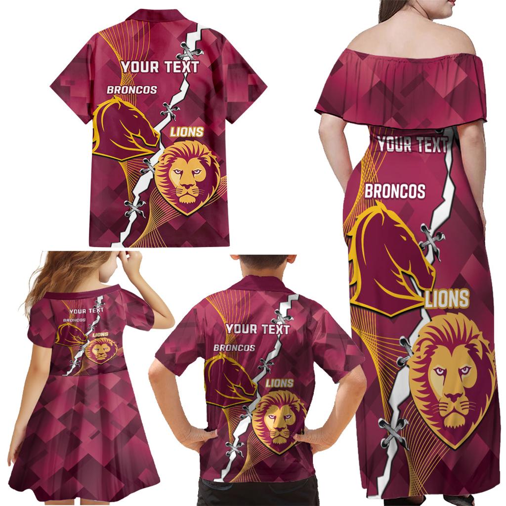 Personalised Lions Football And Broncos Rugby Family Matching Off Shoulder Maxi Dress and Hawaiian Shirt Sporty Version