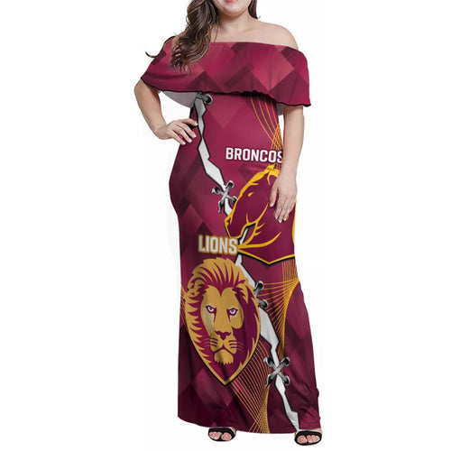Personalised Lions Football And Broncos Rugby Family Matching Off Shoulder Maxi Dress and Hawaiian Shirt Sporty Version