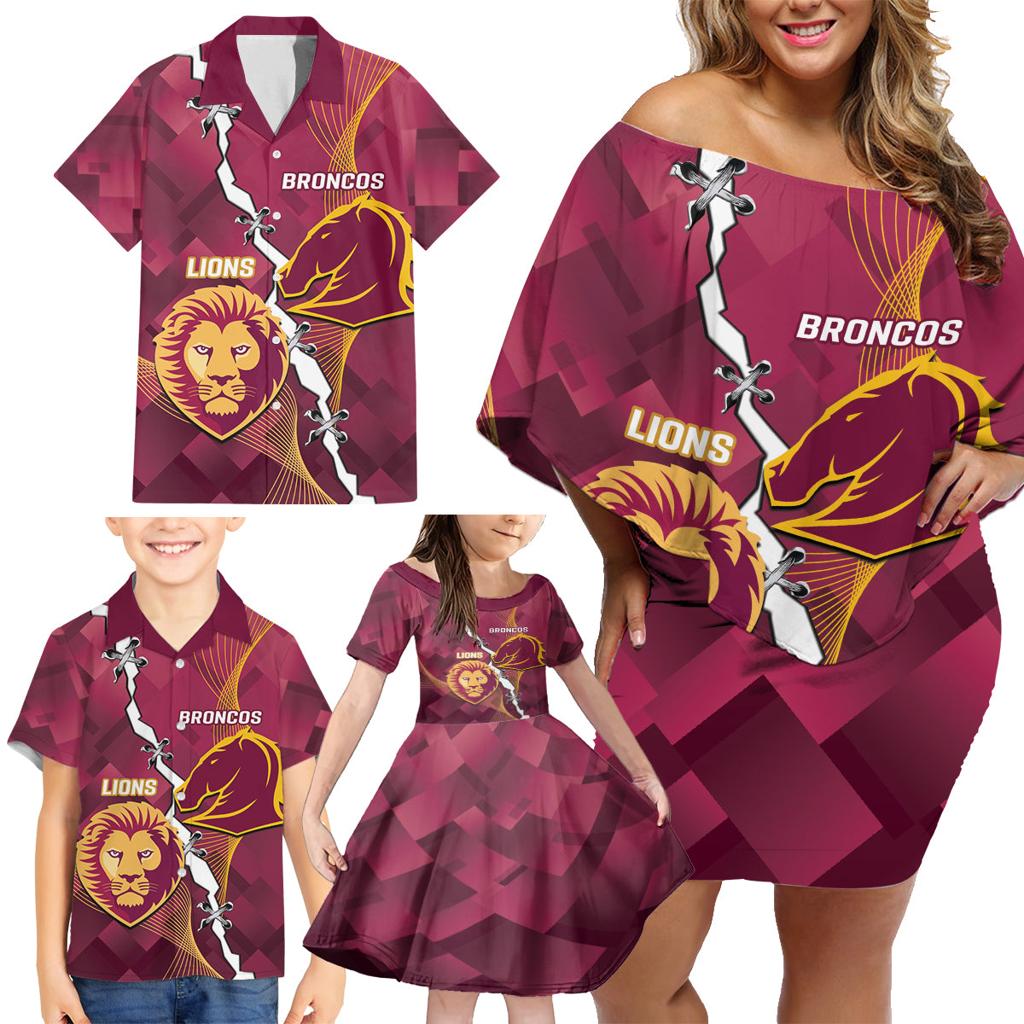 Personalised Lions Football And Broncos Rugby Family Matching Off Shoulder Short Dress and Hawaiian Shirt Sporty Version