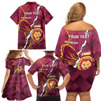 Personalised Lions Football And Broncos Rugby Family Matching Off Shoulder Short Dress and Hawaiian Shirt Sporty Version