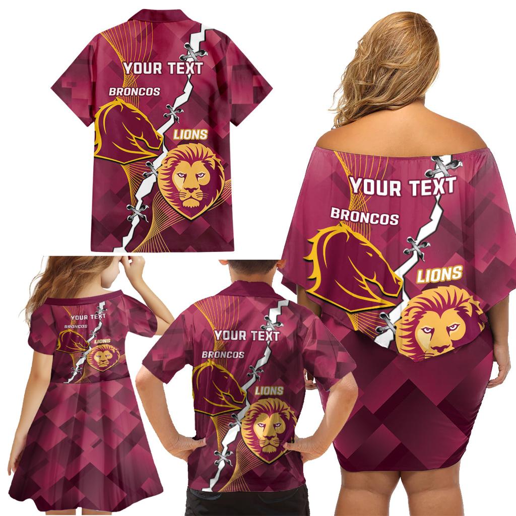 Personalised Lions Football And Broncos Rugby Family Matching Off Shoulder Short Dress and Hawaiian Shirt Sporty Version