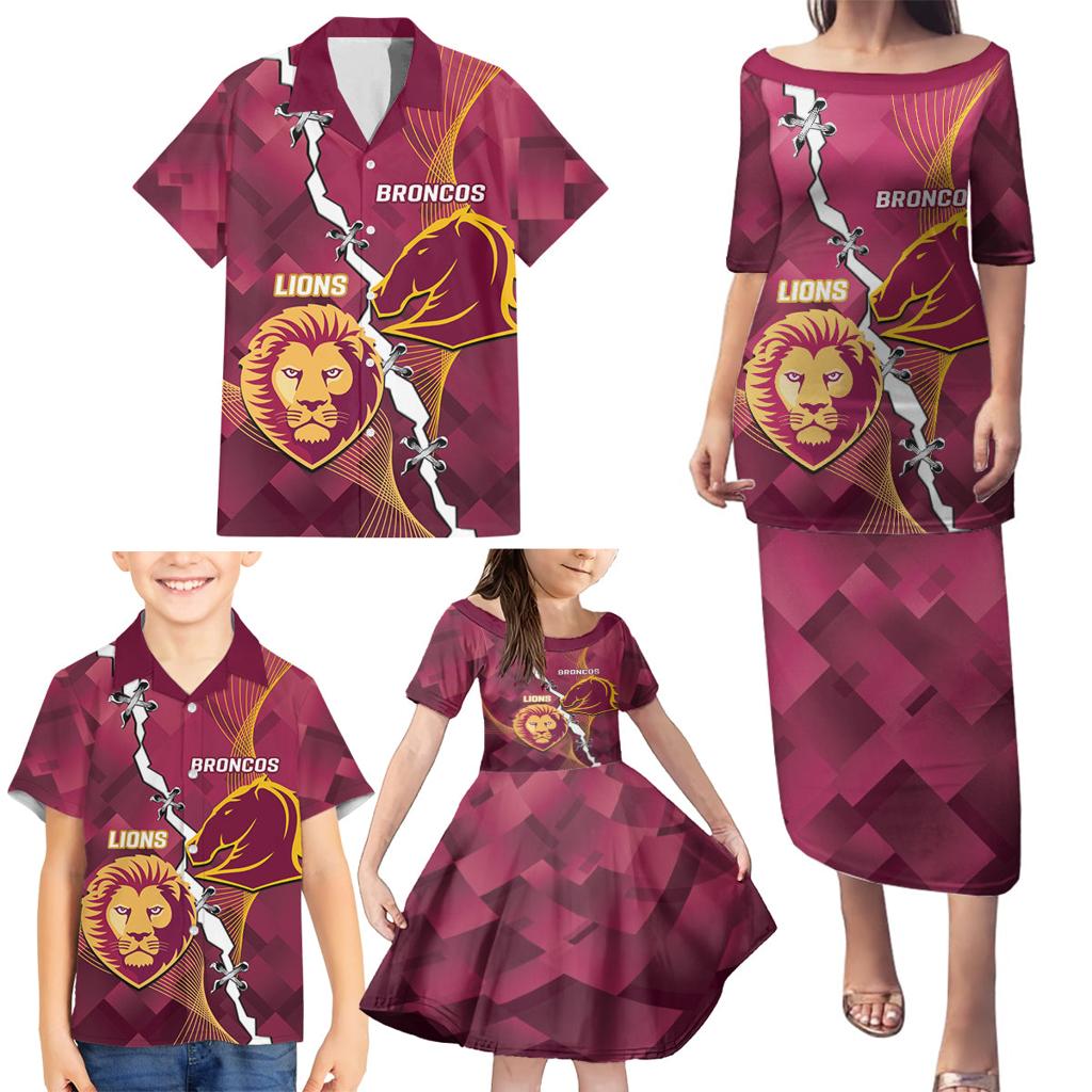 Personalised Lions Football And Broncos Rugby Family Matching Puletasi and Hawaiian Shirt Sporty Version