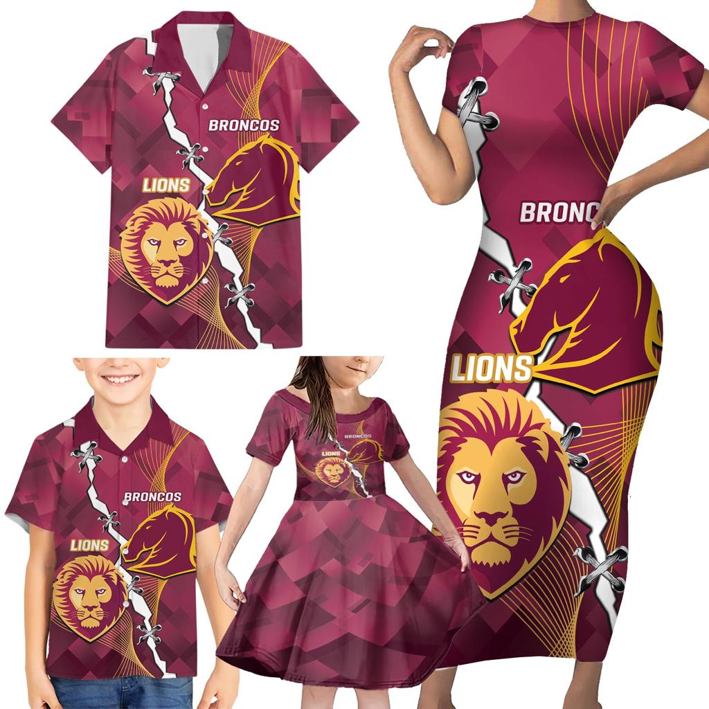Personalised Lions Football And Broncos Rugby Family Matching Short Sleeve Bodycon Dress and Hawaiian Shirt Sporty Version