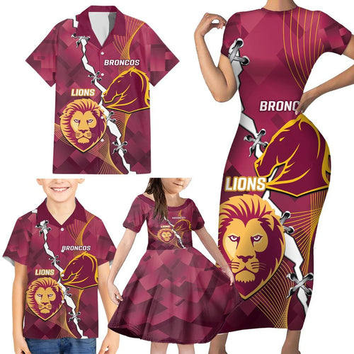 Personalised Lions Football And Broncos Rugby Family Matching Short Sleeve Bodycon Dress and Hawaiian Shirt Sporty Version