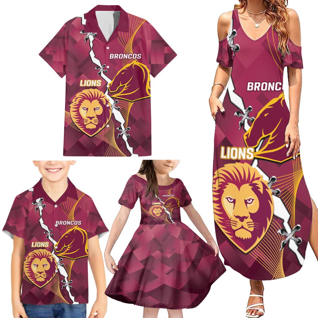 Personalised Lions Football And Broncos Rugby Family Matching Summer Maxi Dress and Hawaiian Shirt Sporty Version