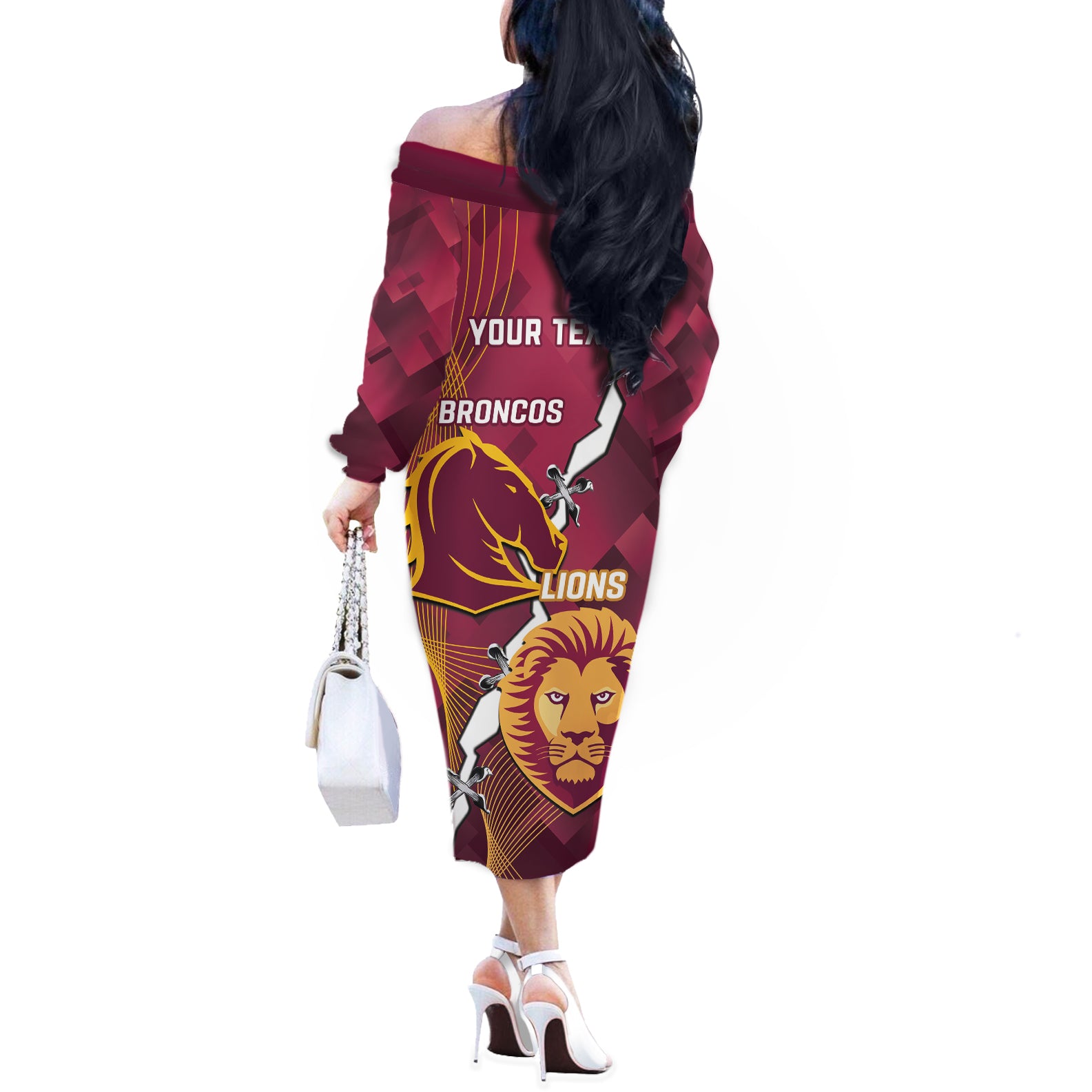 Personalised Lions Football And Broncos Rugby Off The Shoulder Long Sleeve Dress Sporty Version