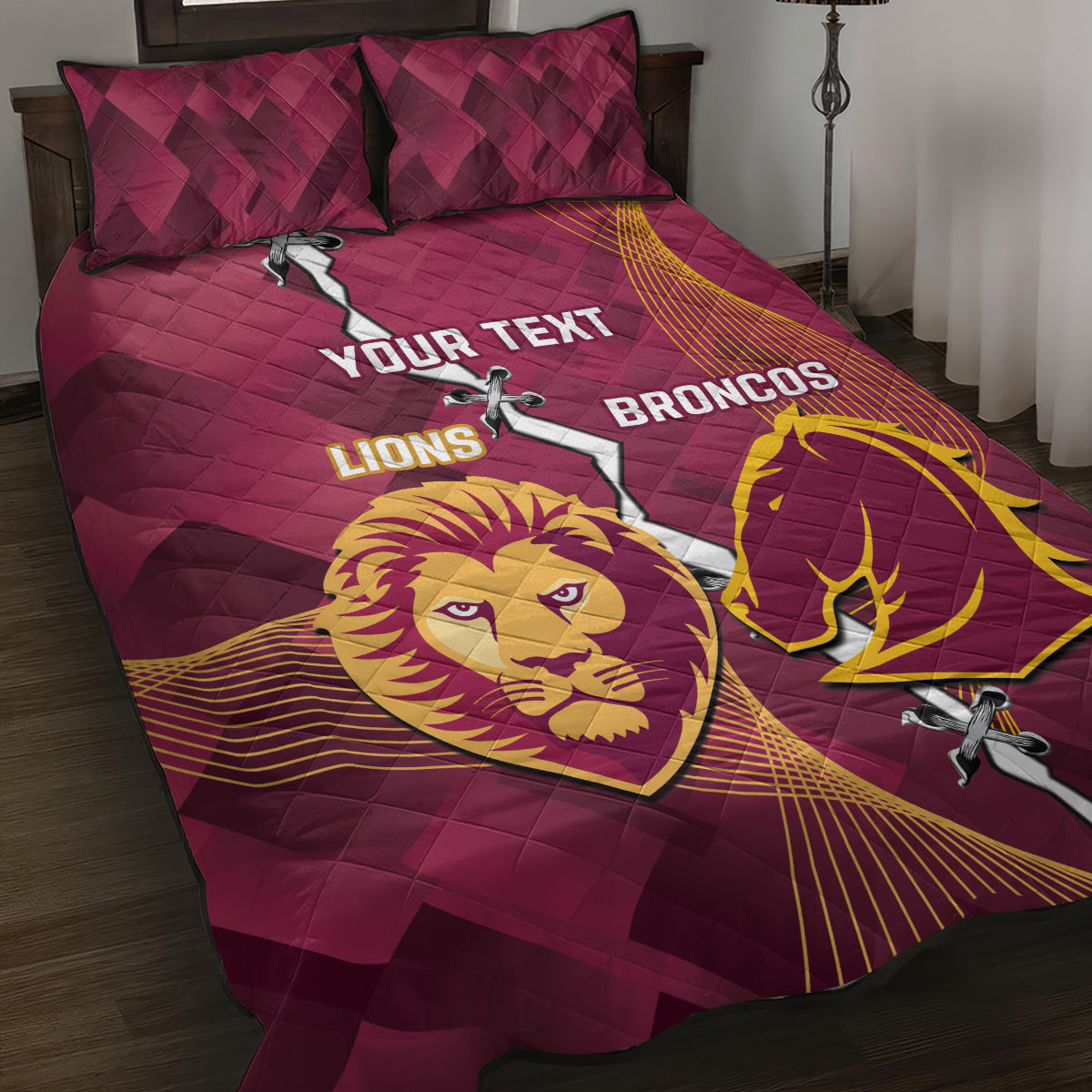 Personalised Lions Football And Broncos Rugby Quilt Bed Set Sporty Version