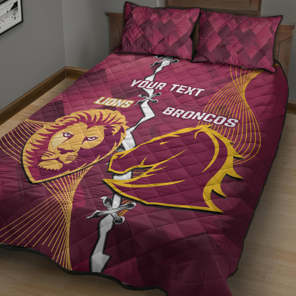 Personalised Lions Football And Broncos Rugby Quilt Bed Set Sporty Version