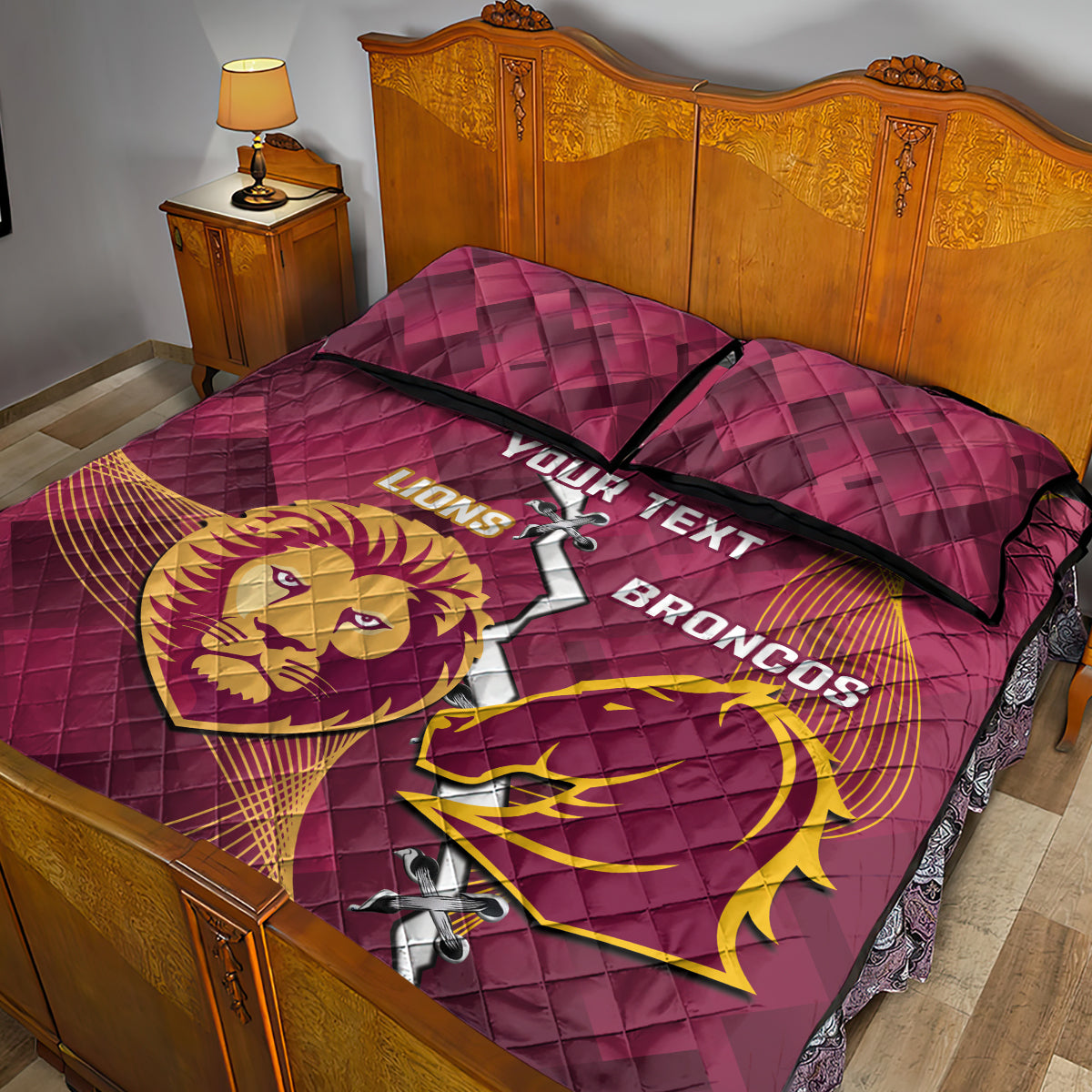 Personalised Lions Football And Broncos Rugby Quilt Bed Set Sporty Version
