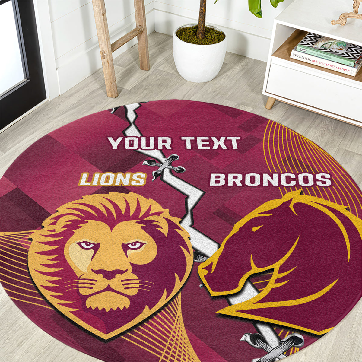 Personalised Lions Football And Broncos Rugby Round Carpet Sporty Version