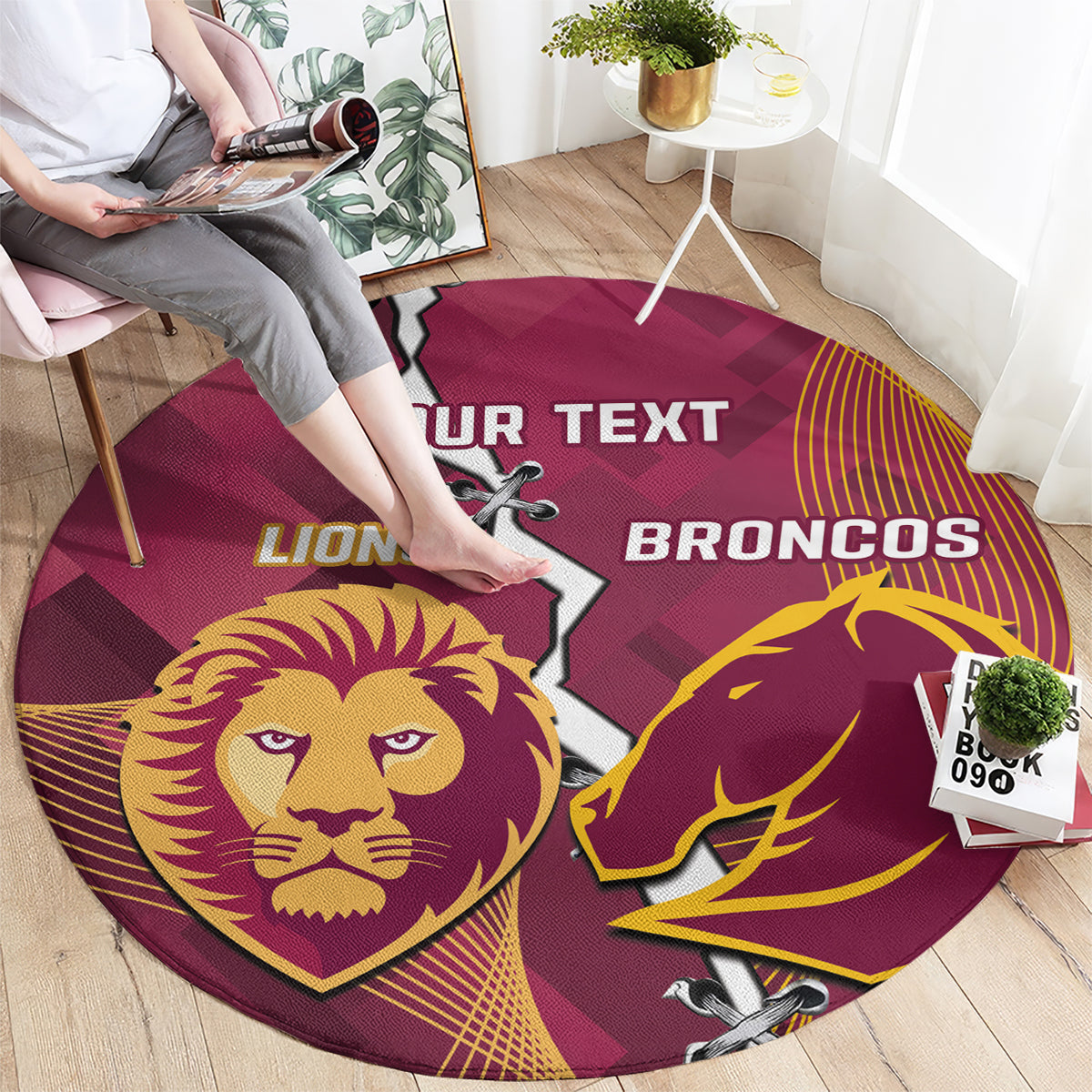 Personalised Lions Football And Broncos Rugby Round Carpet Sporty Version