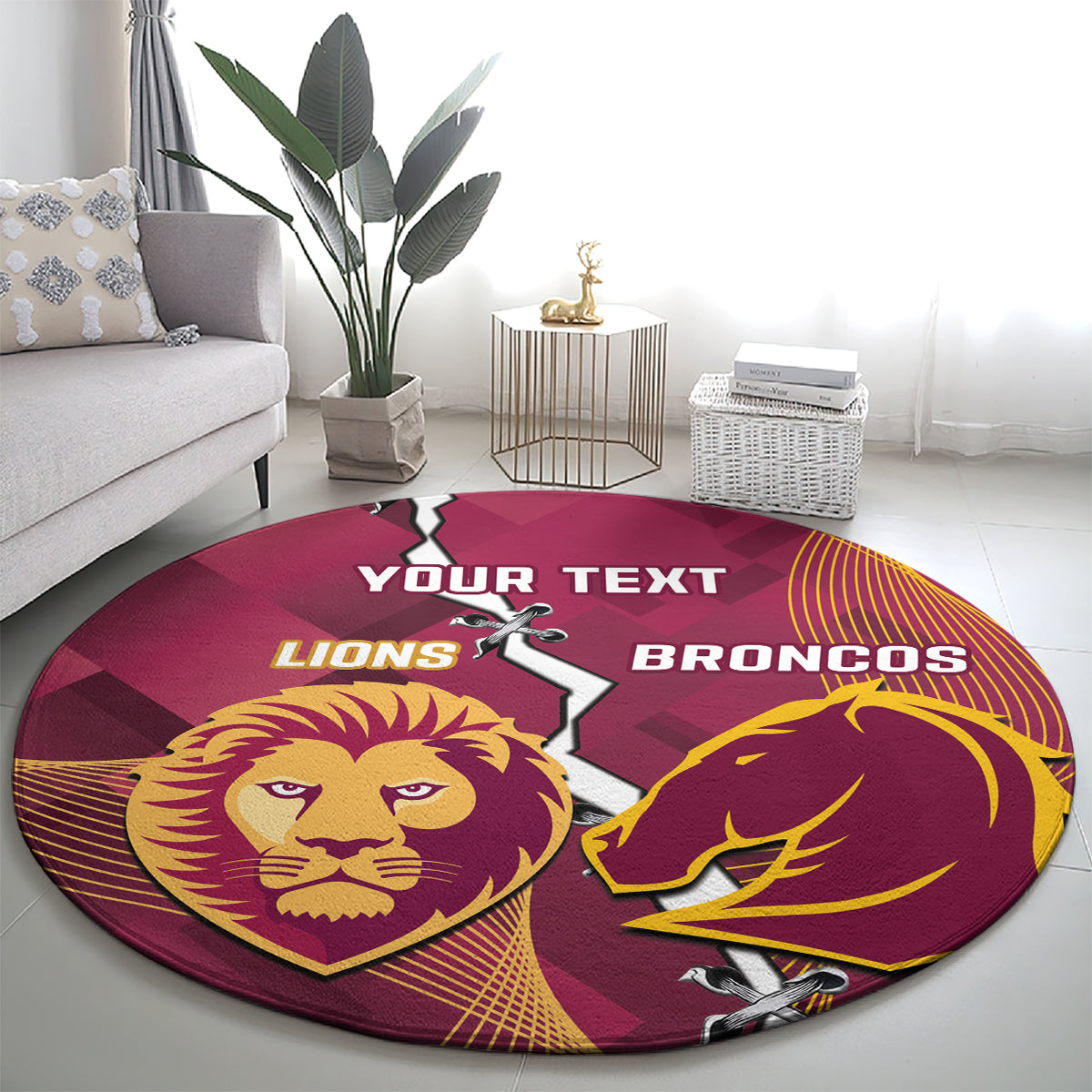 Personalised Lions Football And Broncos Rugby Round Carpet Sporty Version
