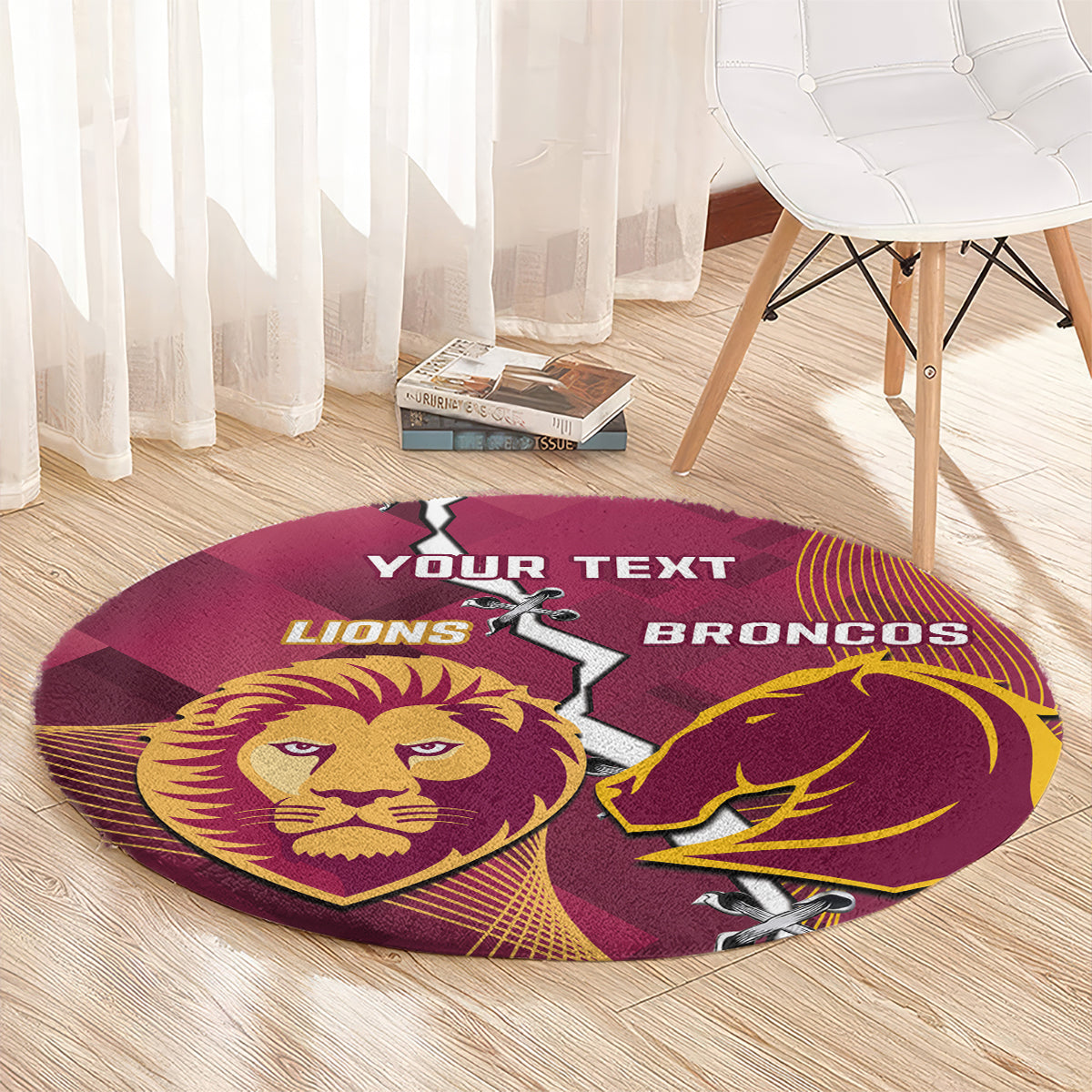 Personalised Lions Football And Broncos Rugby Round Carpet Sporty Version