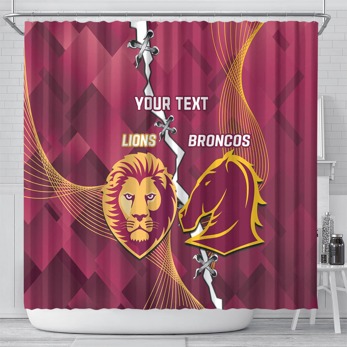 Personalised Lions Football And Broncos Rugby Shower Curtain Sporty Version