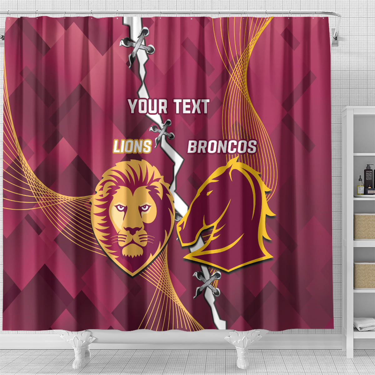 Personalised Lions Football And Broncos Rugby Shower Curtain Sporty Version
