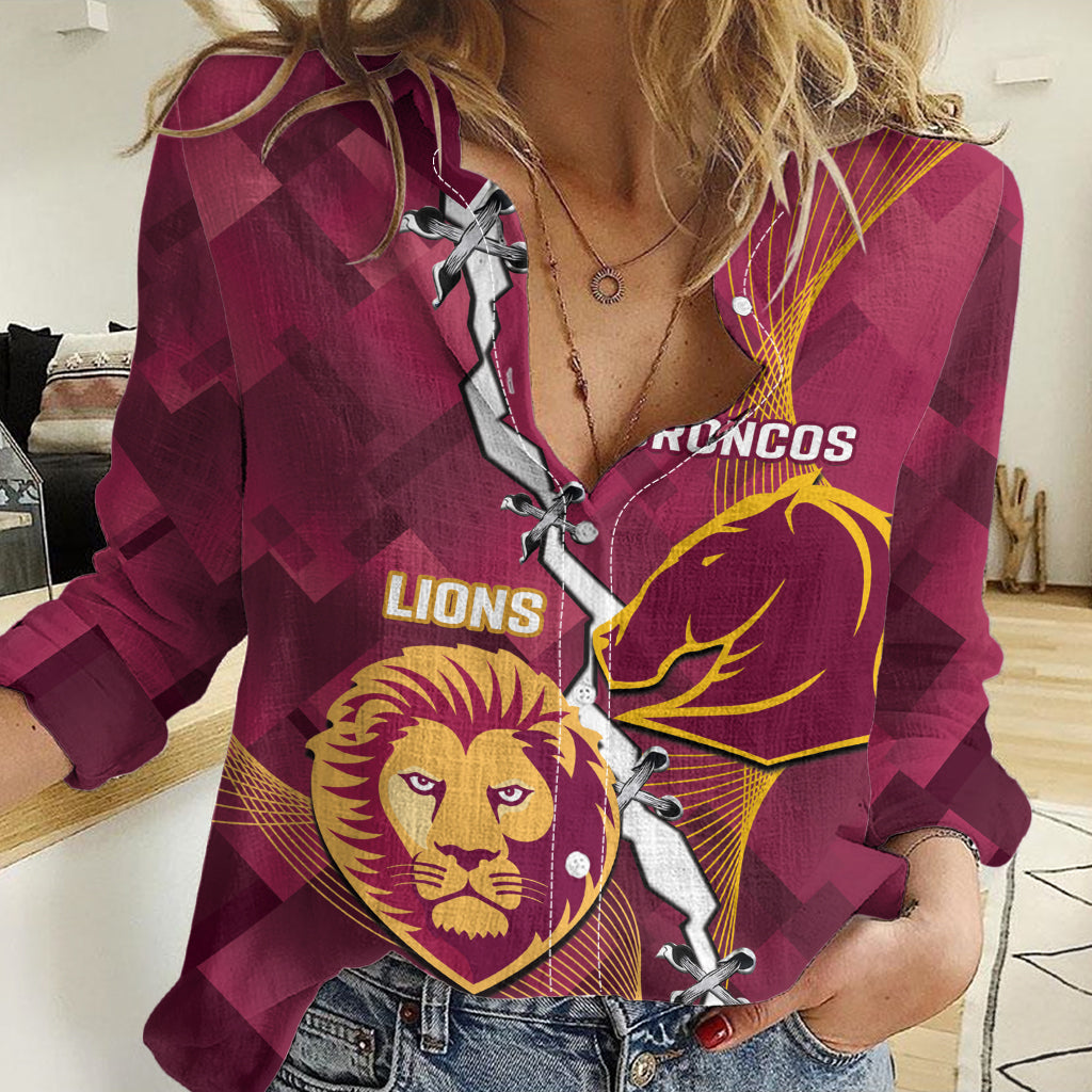 Personalised Lions Football And Broncos Rugby Women Casual Shirt Sporty Version