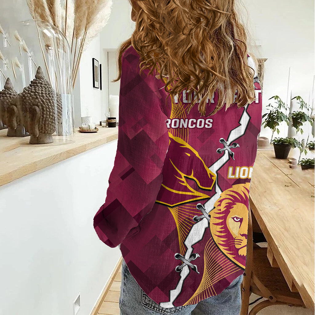 Personalised Lions Football And Broncos Rugby Women Casual Shirt Sporty Version