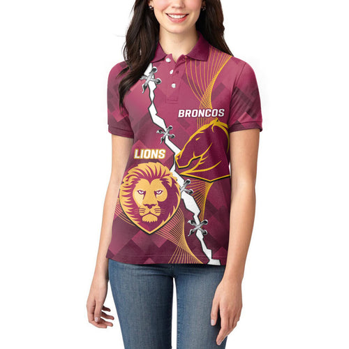 Personalised Lions Football And Broncos Rugby Women Polo Shirt Sporty Version