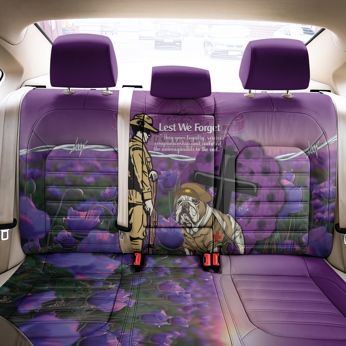 Australia Dog Heroes ANZAC Back Car Seat Cover Remembering All Animals In War Purple Poppies
