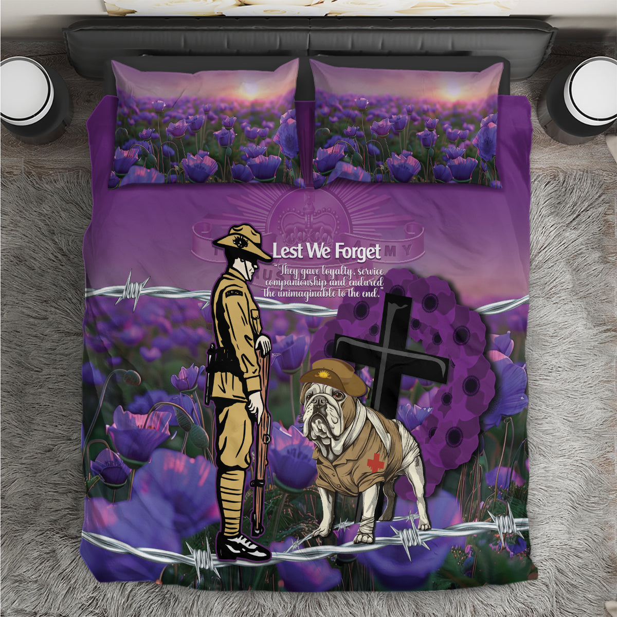 Australia Dog Heroes ANZAC Bedding Set Remembering All Animals In War Purple Poppies