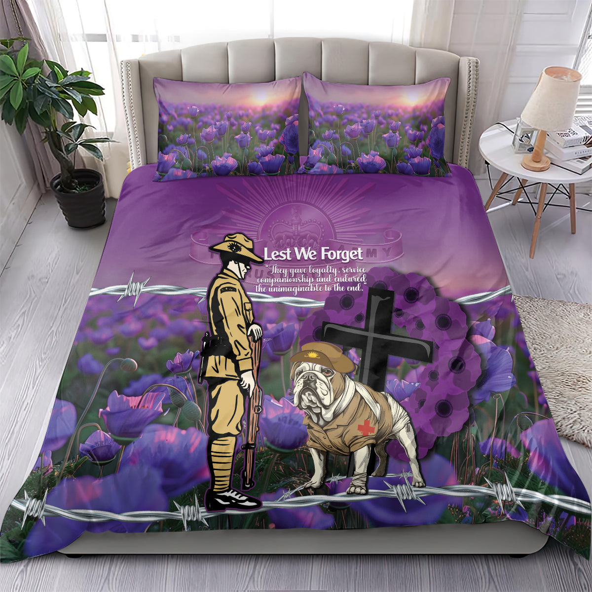 Australia Dog Heroes ANZAC Bedding Set Remembering All Animals In War Purple Poppies