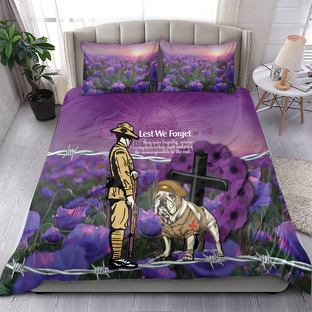 Australia Dog Heroes ANZAC Bedding Set Remembering All Animals In War Purple Poppies