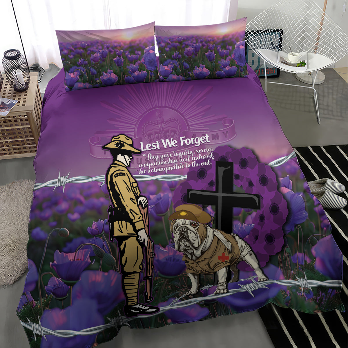 Australia Dog Heroes ANZAC Bedding Set Remembering All Animals In War Purple Poppies