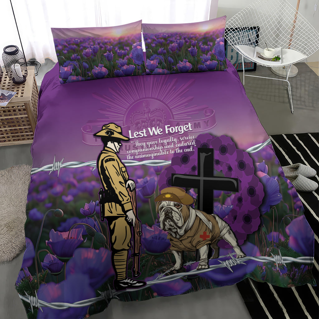 Australia Dog Heroes ANZAC Bedding Set Remembering All Animals In War Purple Poppies