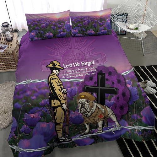 Australia Dog Heroes ANZAC Bedding Set Remembering All Animals In War Purple Poppies