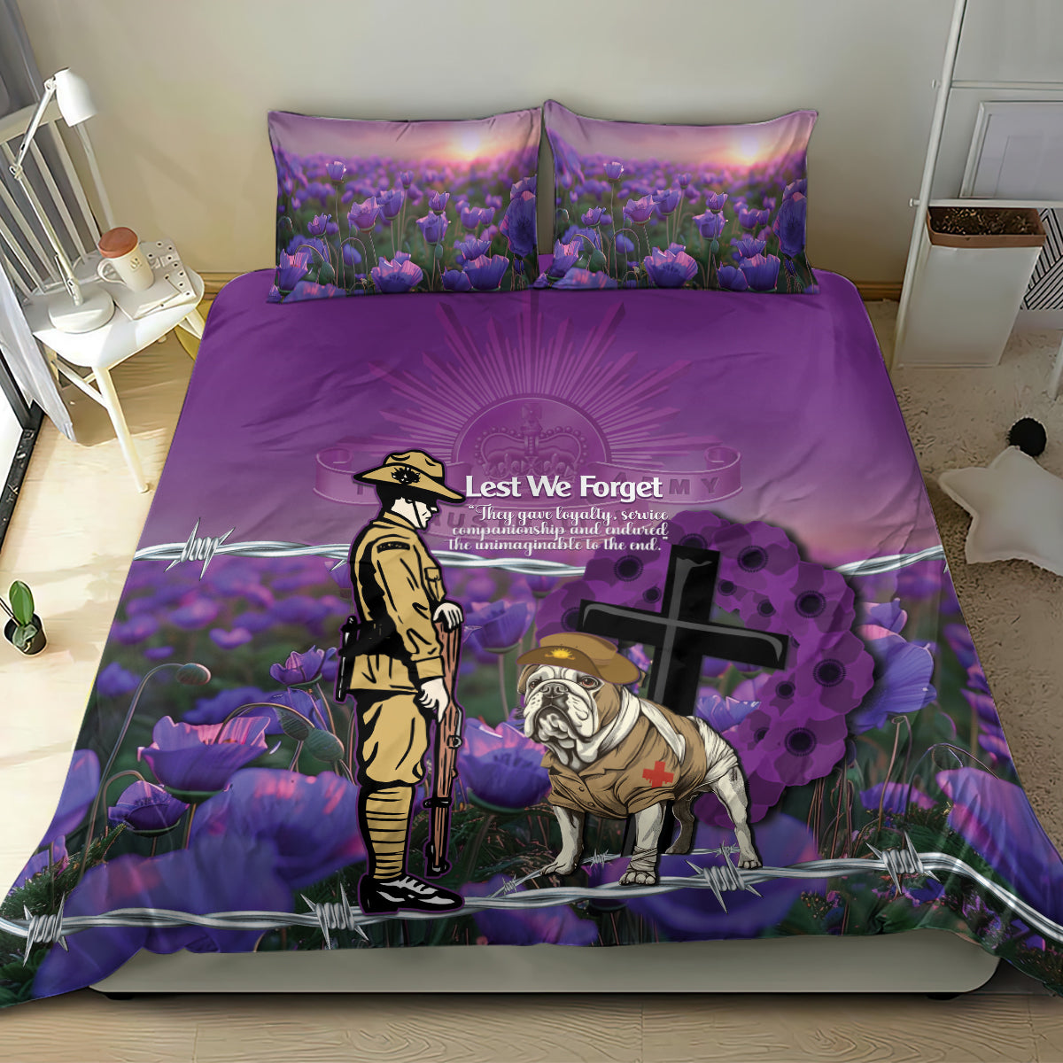 Australia Dog Heroes ANZAC Bedding Set Remembering All Animals In War Purple Poppies