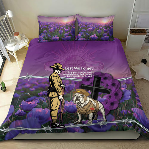 Australia Dog Heroes ANZAC Bedding Set Remembering All Animals In War Purple Poppies