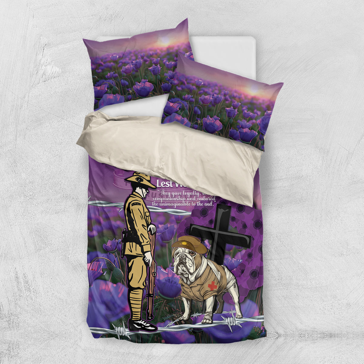 Australia Dog Heroes ANZAC Bedding Set Remembering All Animals In War Purple Poppies
