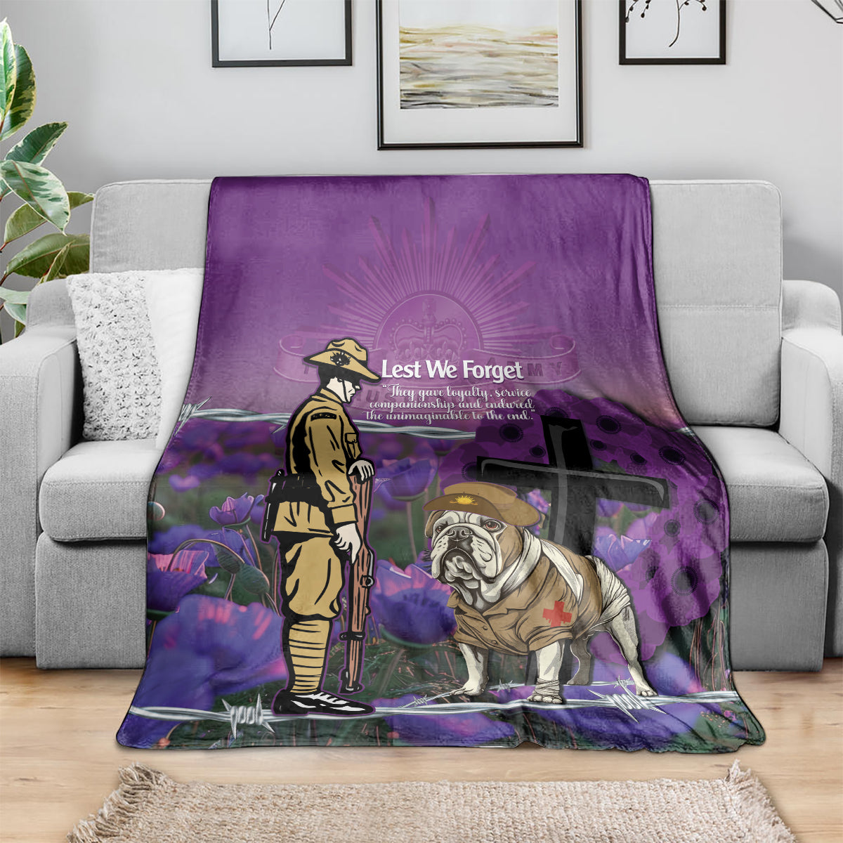 Australia Dog Heroes ANZAC Blanket Remembering All Animals In War Purple Poppies