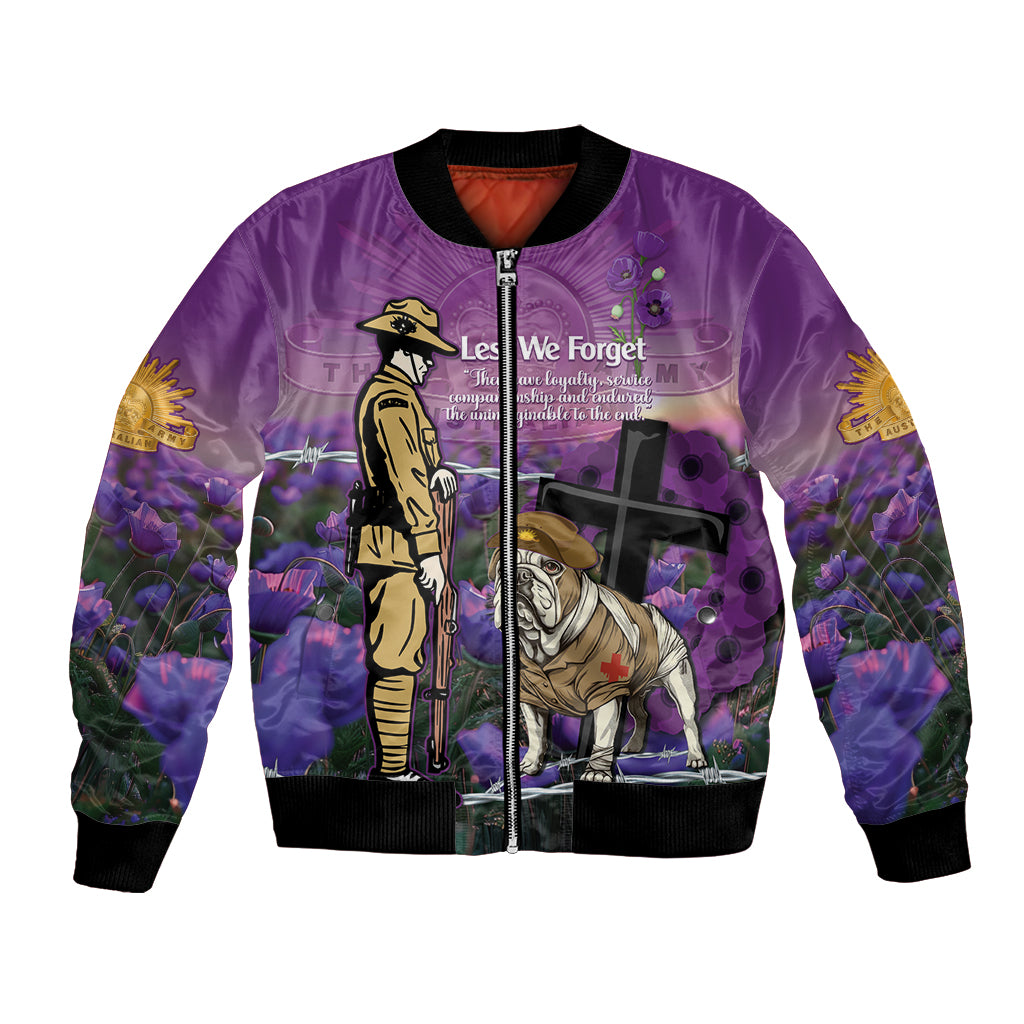 Australia Dog Heroes ANZAC Bomber Jacket Remembering All Animals In War Purple Poppies
