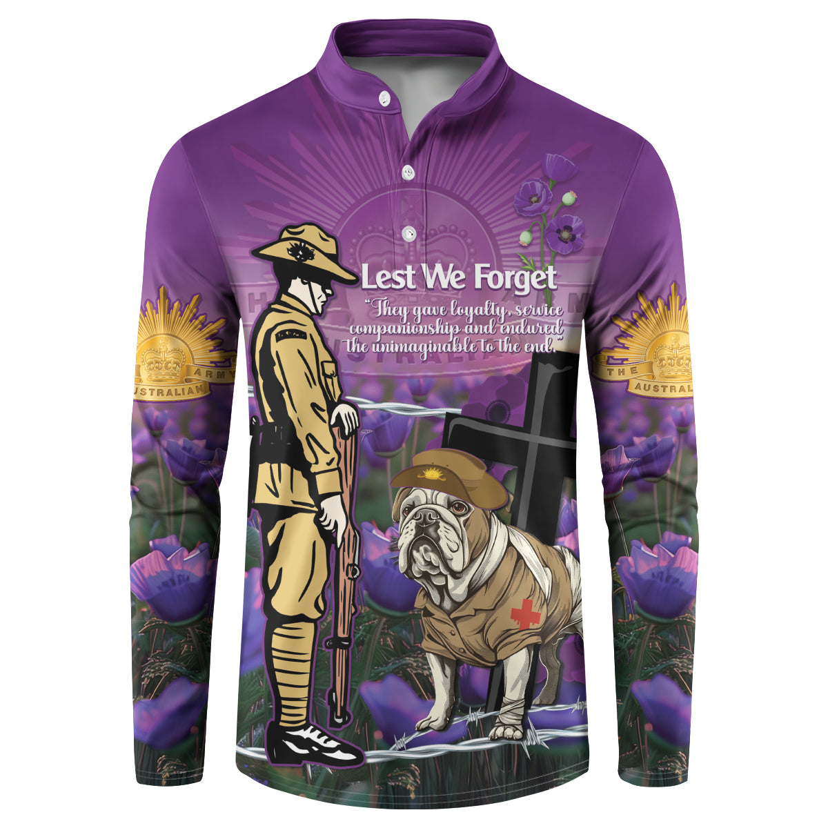 Australia Dog Heroes ANZAC Button Sweatshirt Remembering All Animals In War Purple Poppies