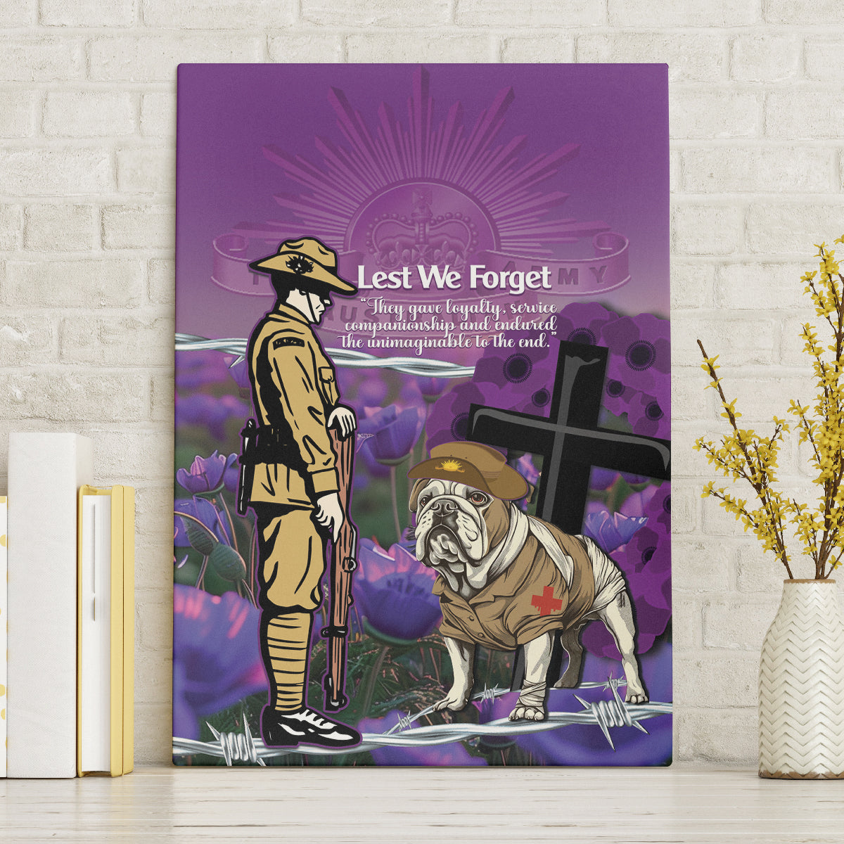 Australia Dog Heroes ANZAC Canvas Wall Art Remembering All Animals In War Purple Poppies