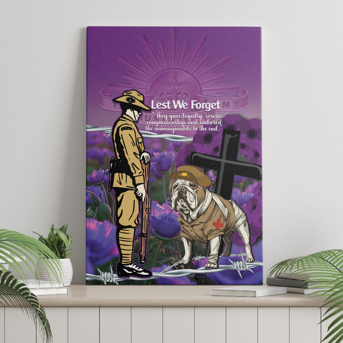 Australia Dog Heroes ANZAC Canvas Wall Art Remembering All Animals In War Purple Poppies