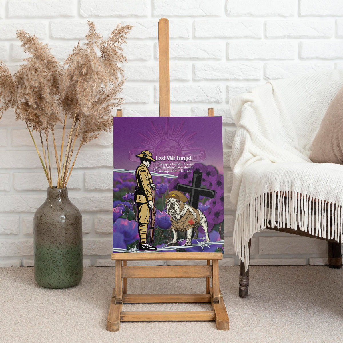 Australia Dog Heroes ANZAC Canvas Wall Art Remembering All Animals In War Purple Poppies