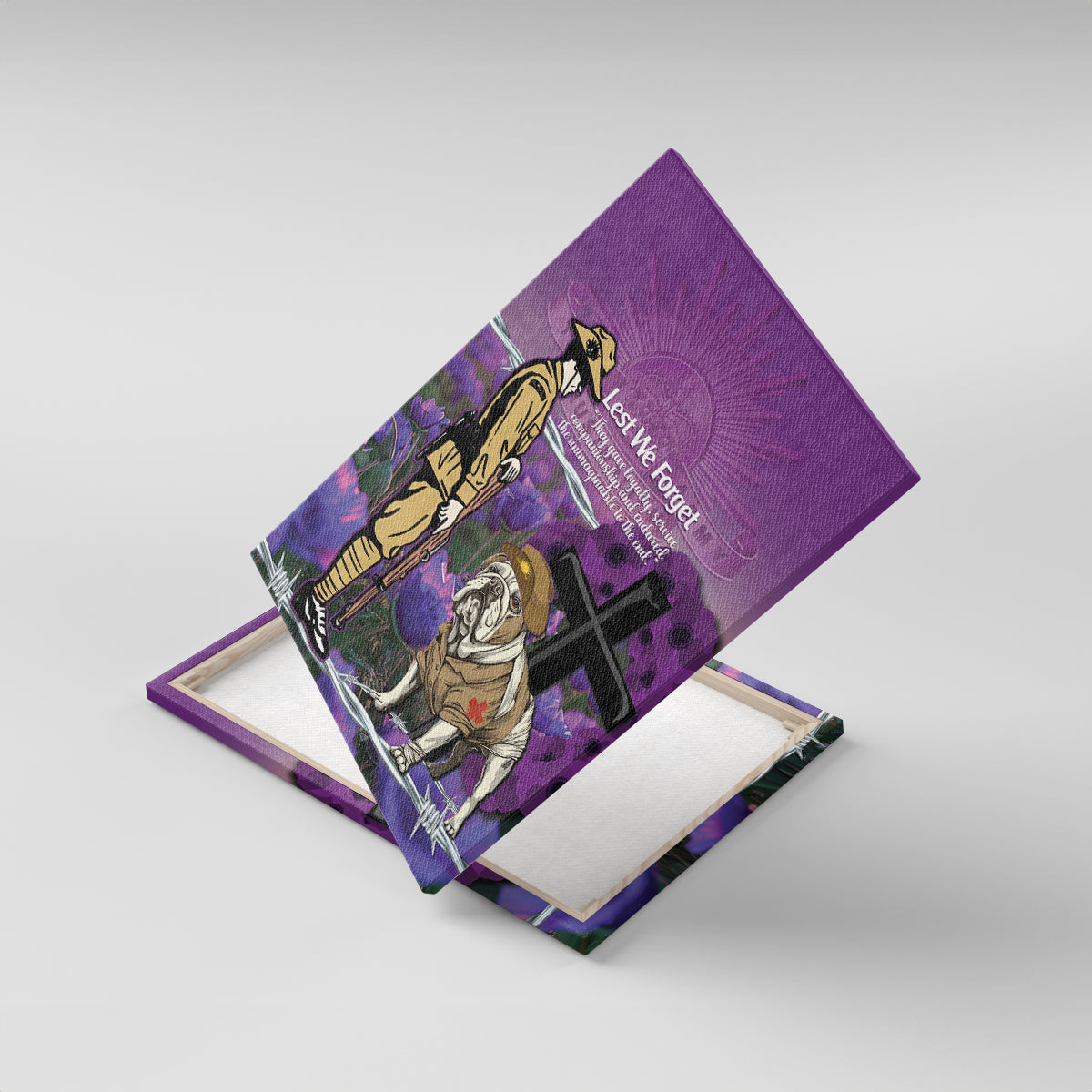 Australia Dog Heroes ANZAC Canvas Wall Art Remembering All Animals In War Purple Poppies