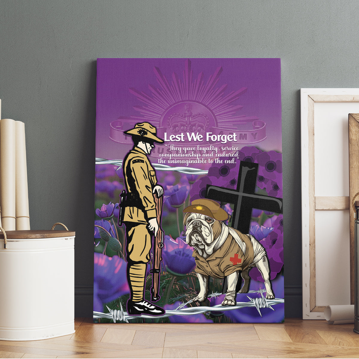 Australia Dog Heroes ANZAC Canvas Wall Art Remembering All Animals In War Purple Poppies