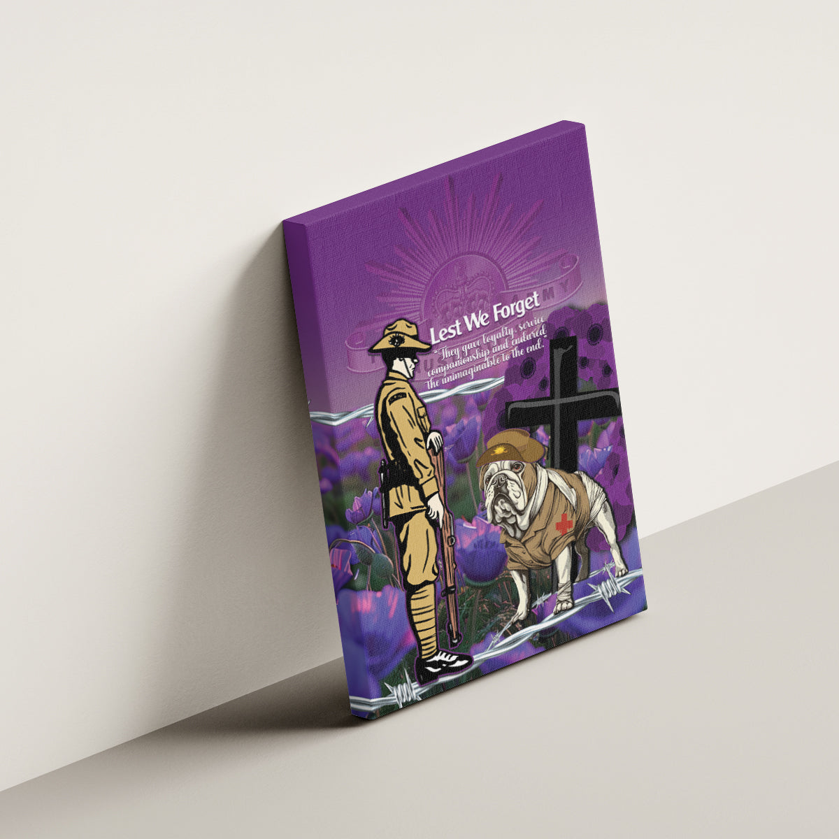 Australia Dog Heroes ANZAC Canvas Wall Art Remembering All Animals In War Purple Poppies