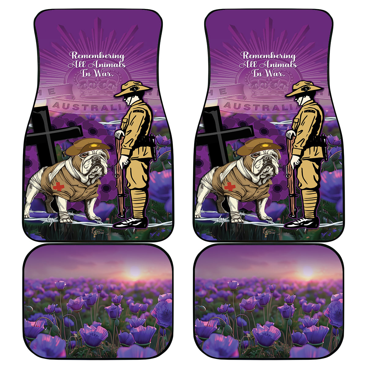 Australia Dog Heroes ANZAC Car Mats Remembering All Animals In War Purple Poppies