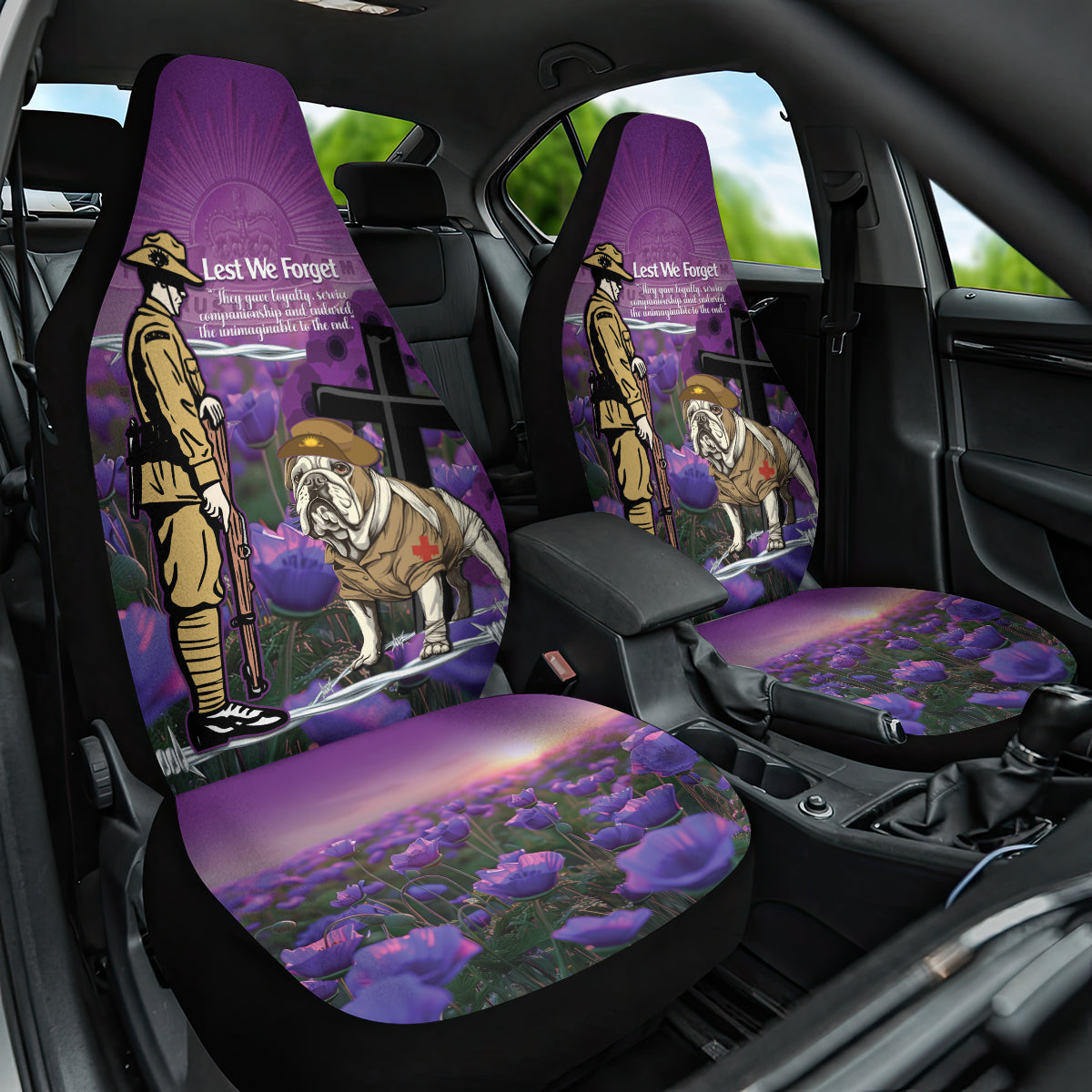 Australia Dog Heroes ANZAC Car Seat Cover Remembering All Animals In War Purple Poppies